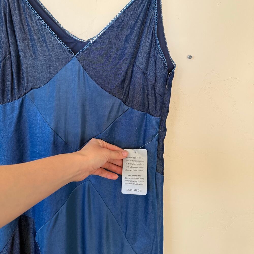 CIEBON Derica Patchwork Slip Dress Blue Satin Maxi Midi V-Neck Slipdress - Picture 8 of 14
